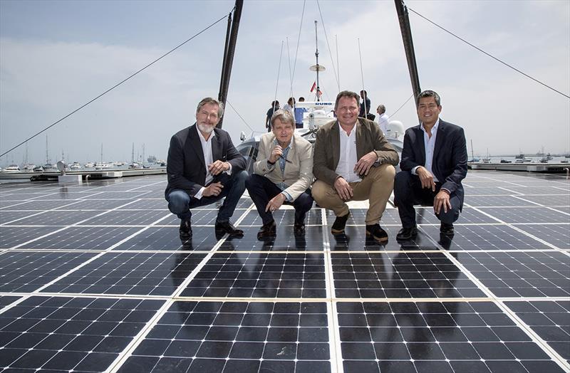 Gunter Pauli (The Blue Economy) , Markus-Alexander Antionetti (Swiss Amabssador), Marco Simeoni (Race for Water Président) et Juan Alberto Wu (L 1 Président ) photo copyright Race For Water taken at  and featuring the Cruising Yacht class