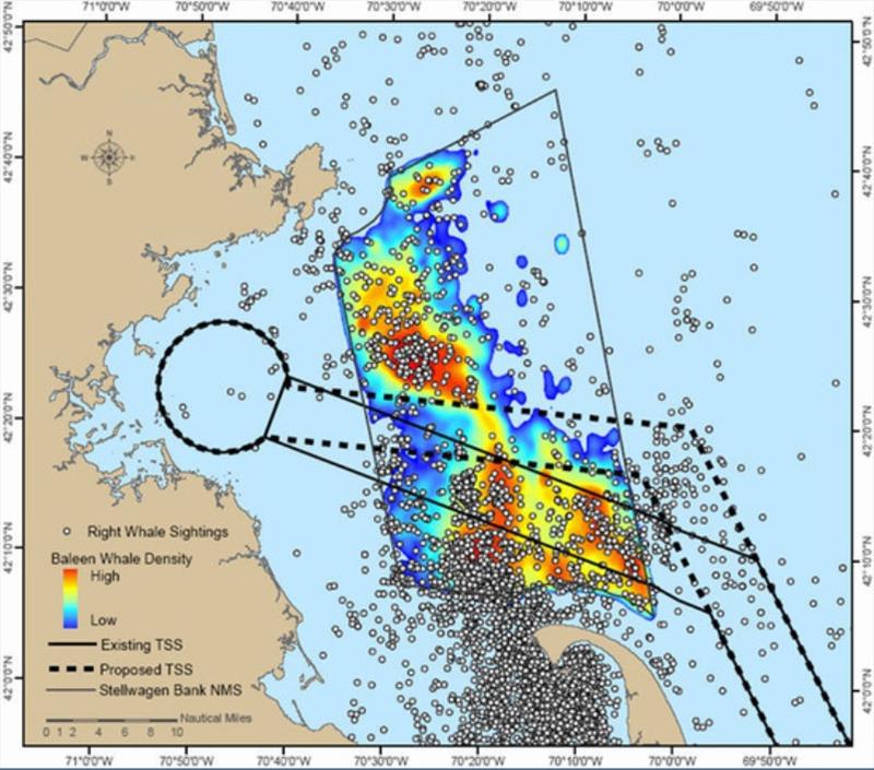 This map of Stellwagen Bank shows whale concentrations (highest concentrations in red) and a shipping lane (“Existing TSS”). The lane was shifted (“Proposed TSS”) after intensive whale surveys informed a better route. Graphic created by David Wiley and Mi photo copyright NOAA Fisheries taken at  and featuring the Cruising Yacht class