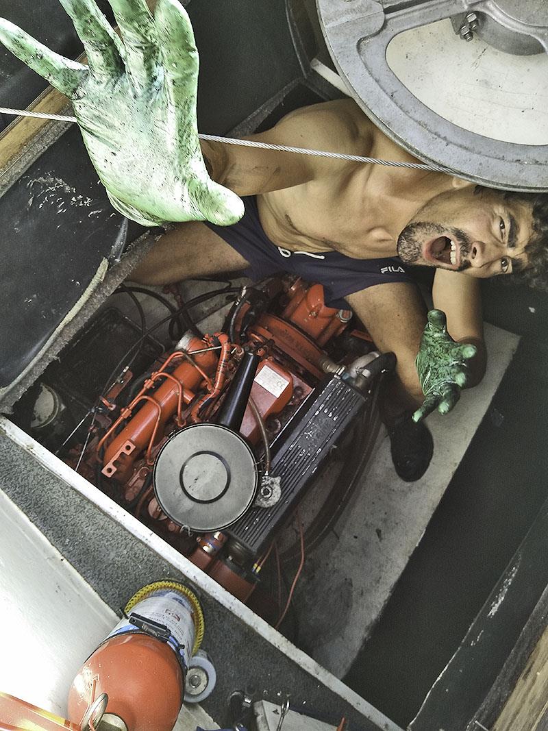 Henrique (monster from the deep) in the engine compartment photo copyright Mission Océa taken at  and featuring the Cruising Yacht class