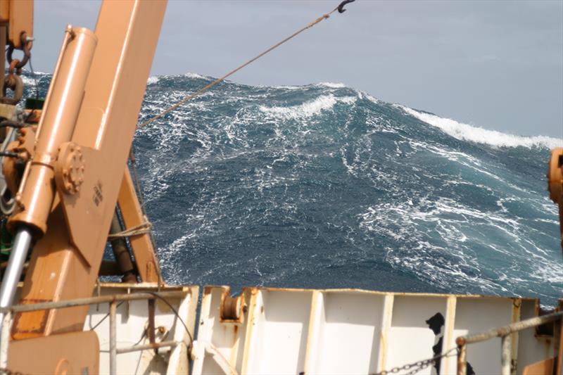 A large wave towering astern of the NOAA Ship Delaware II in 2005 while crossing the Atlantic Ocean's New England Seamount Chain photo copyright NOAA taken at  and featuring the Cruising Yacht class