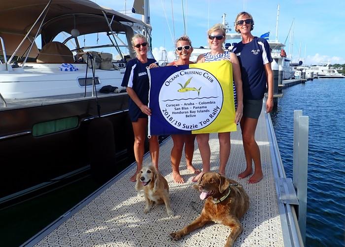 Boats gather on the pontoon at Santa Barbara Beach Resort for the start of the OCC ‘Suzie Too Rally'. L- R: Jenevora Swann (s/v Two Drifters); Fiona Bailey (s/v Supertramp), Suzanne Chappell (s/v Suzie Too); Jules Buckley (s/v Mojito). Dogs: Molly; Chloe photo copyright Jenevora Swann taken at Ocean Cruising Club and featuring the Cruising Yacht class