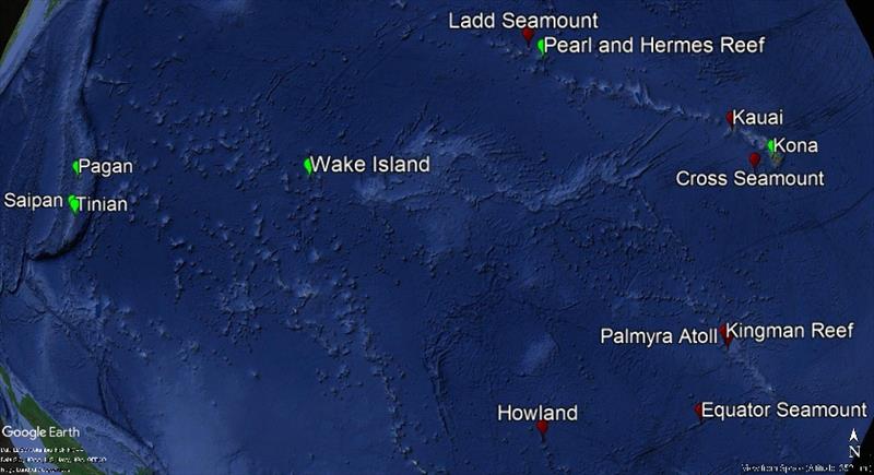 A map of the Pacific Islands region with the HARP recording locations marked. Red are previous HARP sites, green are currently active HARP sites (October 2018) photo copyright NOAA Fisheries taken at  and featuring the Cruising Yacht class