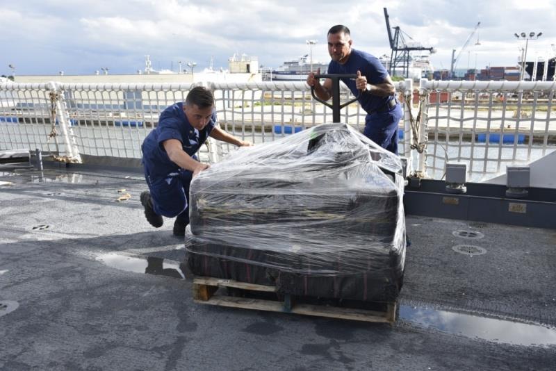 Coast Guard Cutter James crewmembers move a pallet of interdicted cocaine across the deck of the cutter. The crew offloaded 18.5 tons of cocaine in Port Everglades worth over $495 million wholesale seized in international waters in Eastern Pacific Ocean photo copyright U.S. Coast Guard / Petty Officer 3rd Class Brandon Murray taken at  and featuring the Cruising Yacht class
