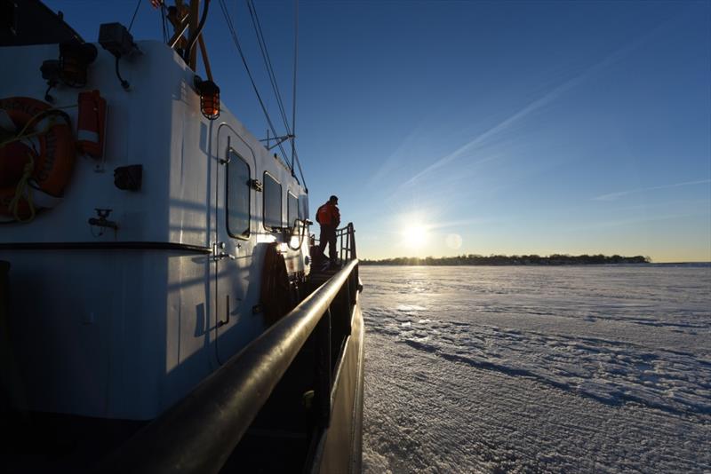 The crew of Coast Guard Cutter Shackle, a 65-foot Small Harbor Tug, breaks ice Wednesday, Jan. 10, 2018 near Logan International Airport in Boston Harbor. Shackle is capable of breaking up to 12 inches of ice photo copyright Petty Officer 3rd Class Andrew Barresi taken at  and featuring the Cruising Yacht class
