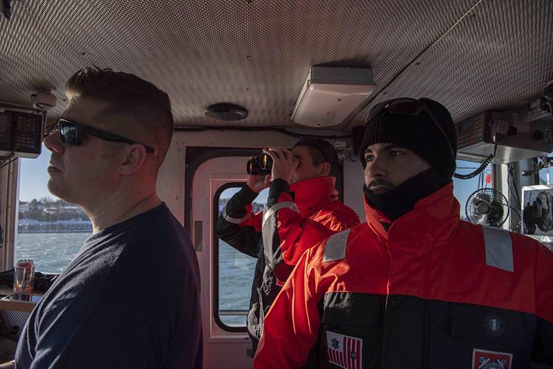 The crew of Coast Guard Cutter Pendant, a 65-foot Small Harbor Tug based out of Boston, transits Boston Harbor on their way to the Weymouth Fore River to conduct ice breaking operations, Tuesday, Jan. 22, 2019. The crew breaks ice around fuel terminals to photo copyright Petty Officer 2nd Class Andrew Barresi taken at  and featuring the Cruising Yacht class