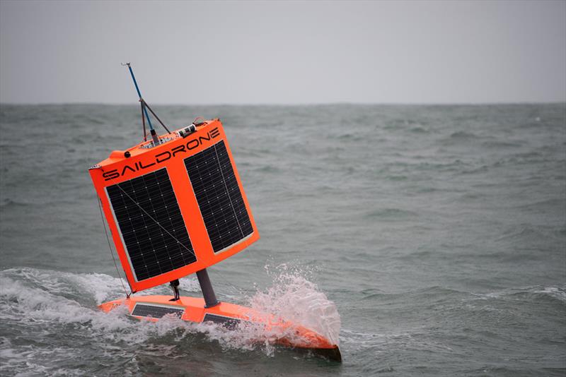 SD 1020 approaches Point Bluff, New Zealand, in stormy conditions after finishing the First Saildrone Antarctic Circumnavigation, sailing 22,000 kilometers around the Southern Ocean in 196 days photo copyright Saildrone taken at  and featuring the Cruising Yacht class