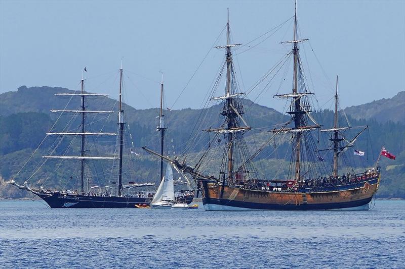 Youth Ship Spirit of New Zealand and HMB Endeavor off Paradise Bay in the Bay of Islands, New Zealand photo copyright Lisa Benckhuysen taken at  and featuring the Cruising Yacht class