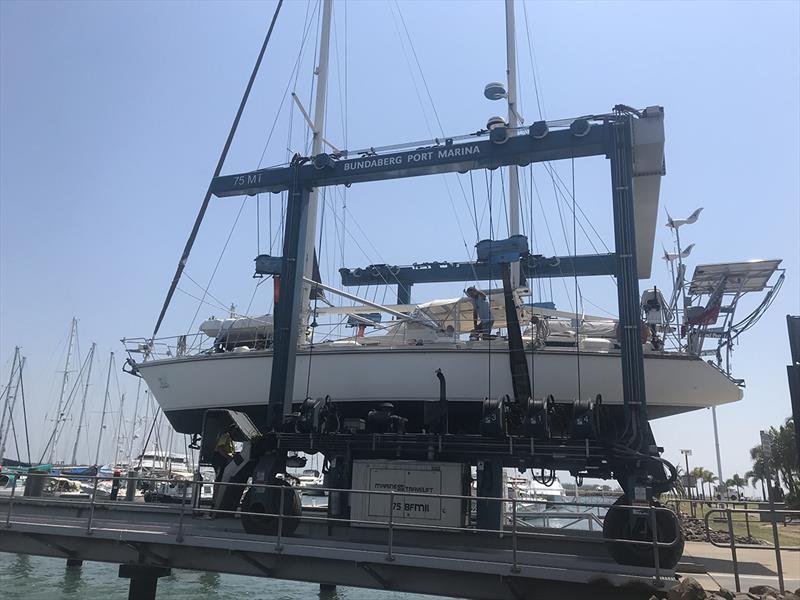 Island Pearl II returning to water at Bundaberg Port Marina - Bundaberg Rally photo copyright Down Under Rally taken at  and featuring the Cruising Yacht class