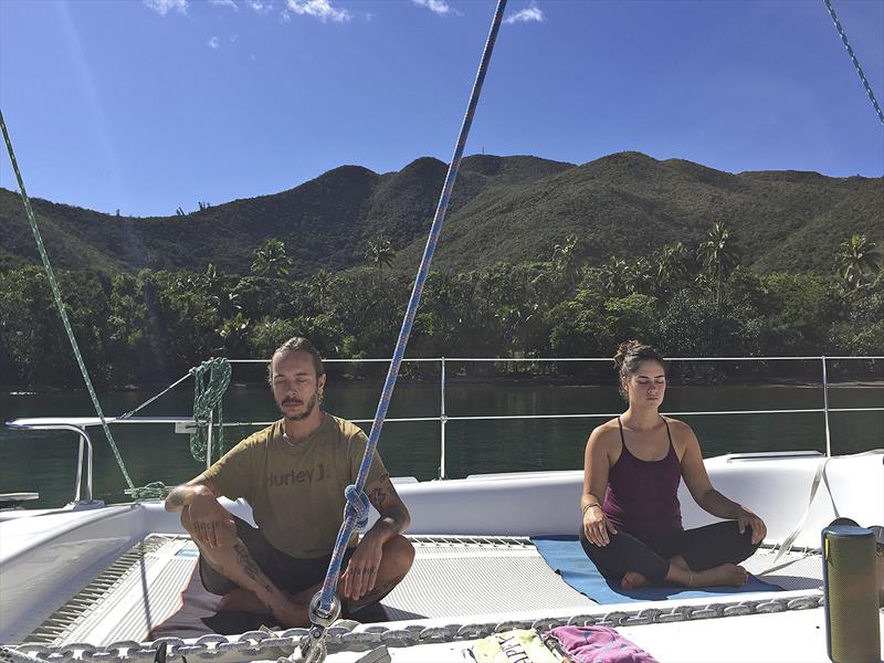 Friends sailing on another vessel missing my classes and it was no good ashore to do it, so they came to my boat and we did it on the bow in New Caledonia. photo copyright Leanne Hembrow taken at  and featuring the Cruising Yacht class