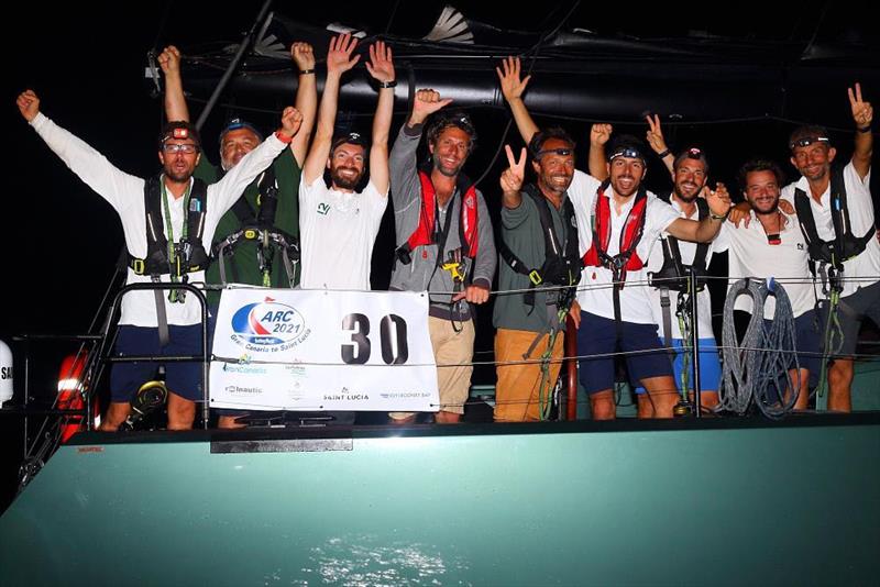 Celebrations for the crew from Italy, France and USA as they arrive in Saint Lucia - 2021 ARC photo copyright WCC / Tim Wright taken at  and featuring the Cruising Yacht class