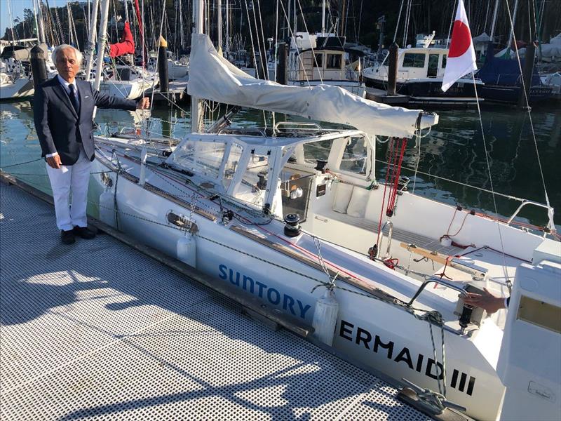 Blue Water Medal winner Kenichi Hori with his boat, Suntory Mermaid III, before sailing alone from San Francisco to Chiba, Japan, in the spring of 2022 photo copyright Latitude 38 taken at Cruising Club of America and featuring the Cruising Yacht class