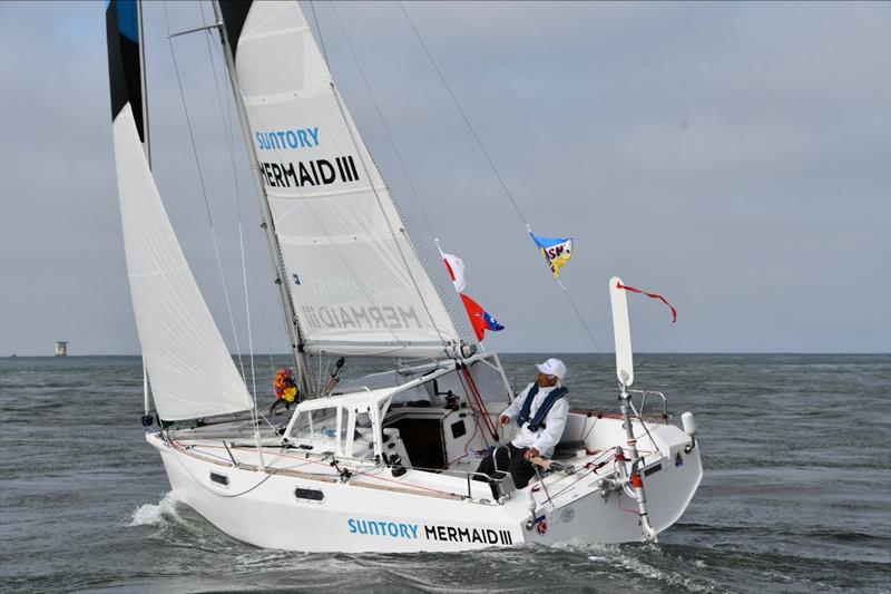 In March, 2022, Kenichi Horie set sail under the Golden Gate Bridge aboard Suntory Mermaid III, an 18-foot sloop, reversing the Japan to San Francisco voyage he made 60 years earlier  - photo © Latitude 38