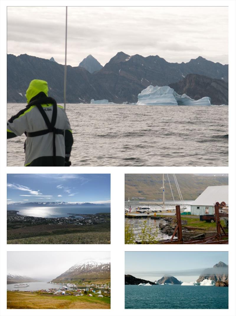 Clockwise from top: Approaching Storø Island, Greenland; tied to a wharf at Seyðisförður, Iceland; inland waterway north of Tasillaq, Greenland; view over Seyðisförður, Iceland; looking across the bay at Húsavík, Iceland - photo © William Strassberg