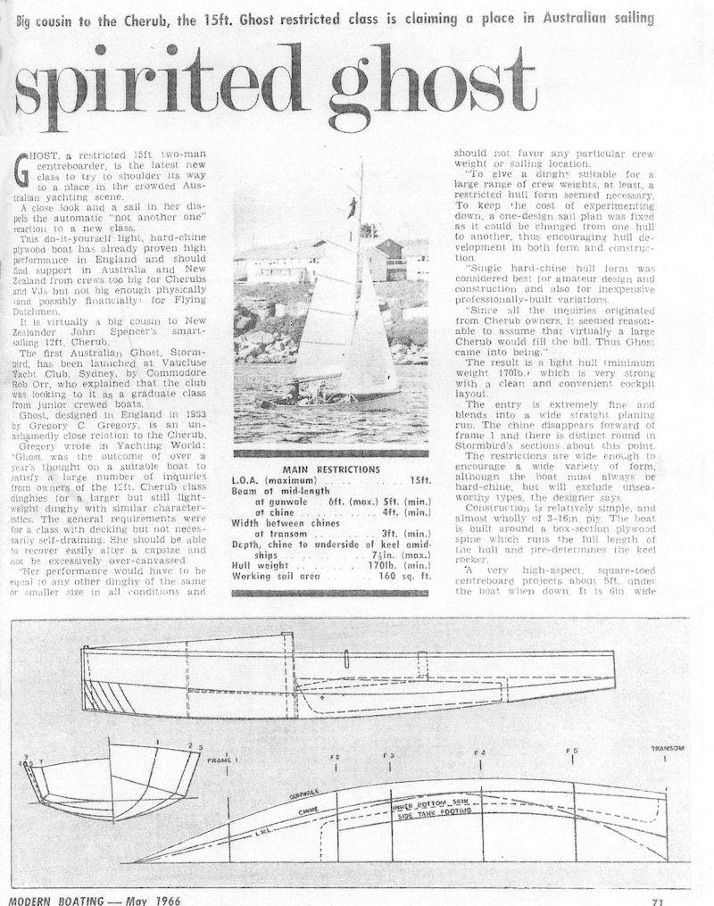A report in an Australian sailing magazine in May 1966, describing the sighting of Ghost dinghies on Sydney Harbour - photo © Modern Boating magazine