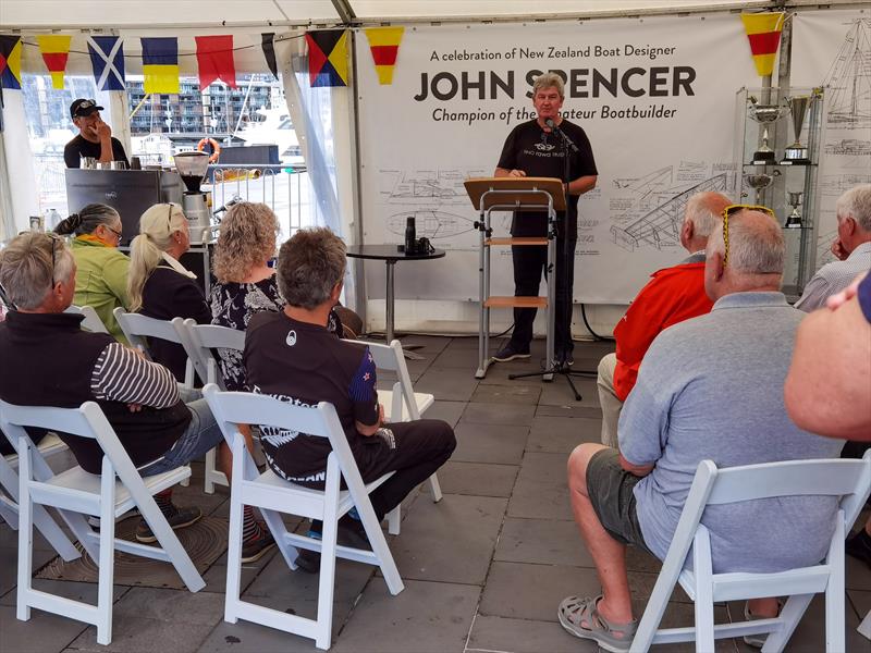 Guillaume Verdier (back to camera) - John Spencer - the Plywood Magician - Exhibition - November 2020 - photo © Richard Gladwell / Sail-World.com