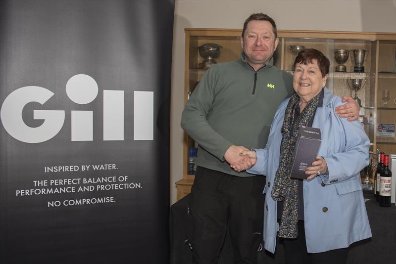 Mark Aldridge accepts his prize from Judith Black at the Gill Dart 15 Winter TT at Grafham Water photo copyright Paul Sanwell / OPP taken at Grafham Water Sailing Club and featuring the Dart 15 class