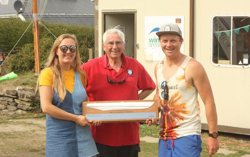 Dan and Amy Teubert receiving their prize from Ian Fraser - Dart 18 South West Championships at Restronguet photo copyright Windsport International taken at Restronguet Sailing Club and featuring the Dart 18 class