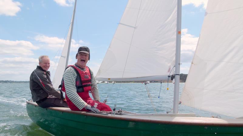 Andrew Hattersley and Willie Hamilton on Amadeus celebrate having recovered from last to get fourth place in Race 2 during the Devon Yawl Nationals at Parkstone photo copyright Mike Roberts taken at Parkstone Yacht Club and featuring the Devon Yawl class