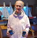 Michael Keegan, (crew, with Barry McCartin helm) with the Frostbite Mugs for Race 2 in the PY Fleet - Viking Marine Frostbite Series 2 at Dun Laoghaire &copy; Frank Miller