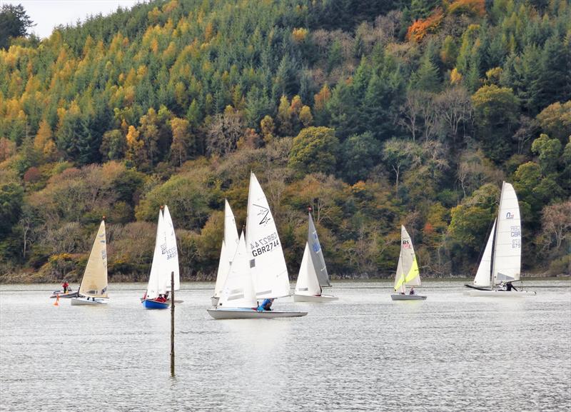 Coming up to the start, moments before the flag drops, overall winner Stewart Mitchell (far left) gets it almost right at the "pin end" of the line while Gordon Daly and Jane Gascoigne (nearest) during the Solway Yacht Club Bumfreezer Series  photo copyright Solway YC taken at Solway Yacht Club and featuring the Dinghy class