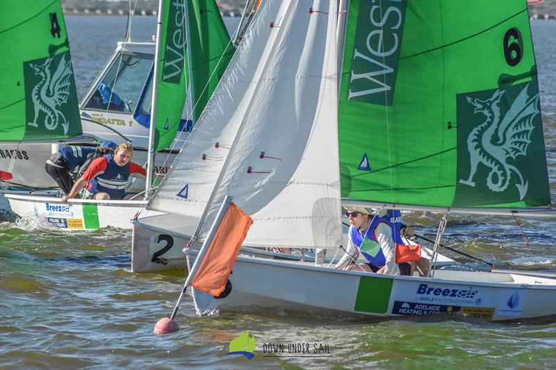 It's always busy on a team sailing start line - 2018 South Australian Secondary Schools Team Sailing Championship photo copyright Harry Fisher taken at Goolwa Regatta Yacht Club and featuring the Dinghy class