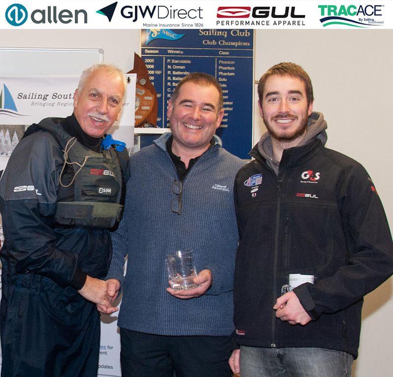 Phil Bailey, Sutton Bingham Commodore congratulates Sutton Bingham Icicle Open Pursuit Race winners, Simon and Ben Hawkes photo copyright Lottie Miles / Sailing SW taken at Sutton Bingham Sailing Club and featuring the Dinghy class