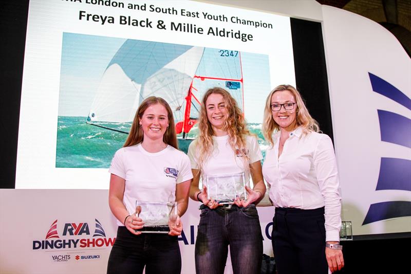 London and South East Champions Freya Black and Millie Aldridge with Shirley Robertson - RYA Regional Youth Champion Awards photo copyright Paul Wyeth / www.pwpictures.com taken at RYA Dinghy Show and featuring the Dinghy class