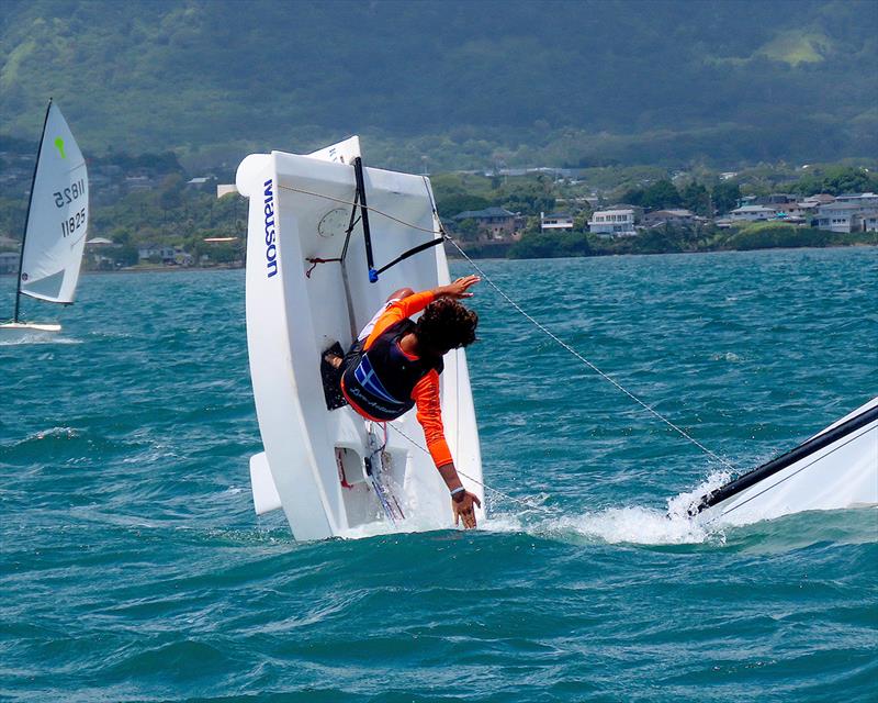 Live Action: Mani Pahuatini's epic huli - 2019 El Toro North American Championships  photo copyright Guy Fleming taken at Kaneohe Yacht Club and featuring the Dinghy class