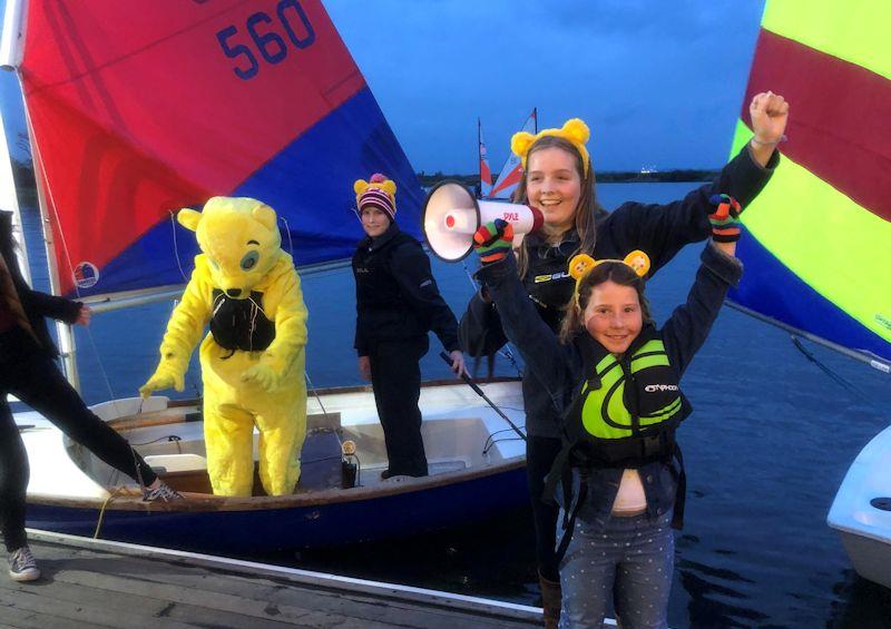 Pudsey at the launch, sailing in with Rear Commodore Ollie Baddeley, Commodore Freya Baddeley and young Salterns member Clodagh Grealish - 24 hour Salterns Sailathon photo copyright Tanya Baddeley taken at Salterns Sailing Club and featuring the Dinghy class