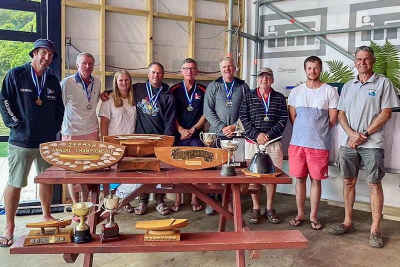 Left to right: Kelcey Gager (Master's 40-49, Third Overall); Richard Inneson (Handicap winner); Polly Wright (Women's Trophy, Third Under 40) and her father Greg “Bubble” Wright (National Champion, Des Townson Trophy winner, Masters 50-59); Tim Snedden (M - photo © Queen Charlotte Yacht Club