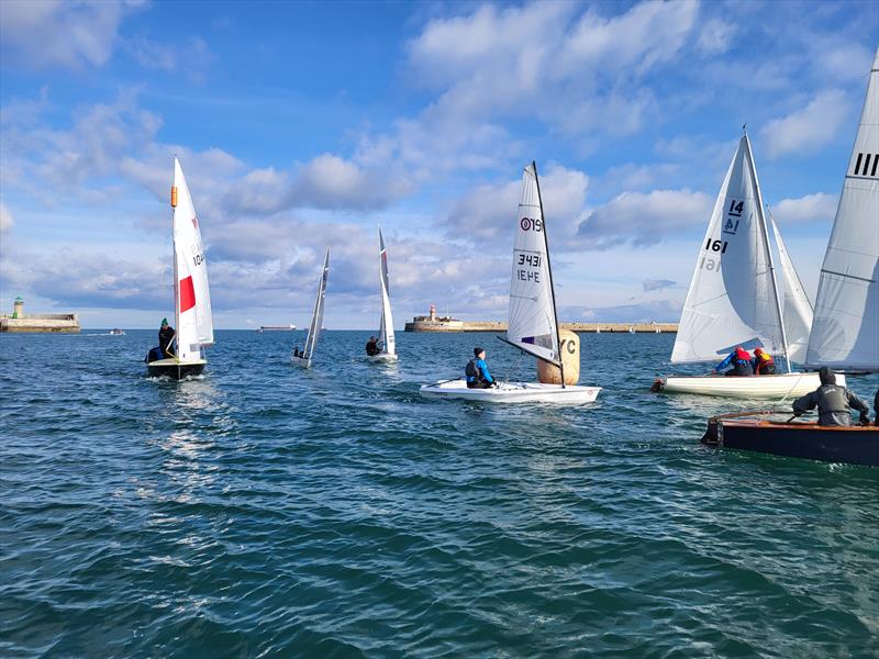 Viking Marine DMYC Frostbite Series 2 day 10 - Ciara Mulvey & Peter Murphy (GP 14 11111) [blue hull], Pierre & Remy Long (IDRA 161), Damien Dion (Aero 3431) and Sean Lillis and Stephen Hawkins (Wayfarer 10449) at the weather mark photo copyright Ian Cutliffe taken at Dun Laoghaire Motor Yacht Club and featuring the Dinghy class