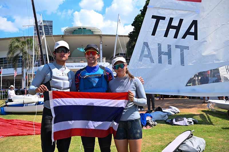 2023 Asian Sailing Championships - Thai ILCA sailors Chusitt Punjamala, Arthit Mikhail Romanyk, and Sophia Montgomery celebrate the country's qualification for Paris 2024 in the ILCA 7 and ILCA 6 classes - photo © YRAT