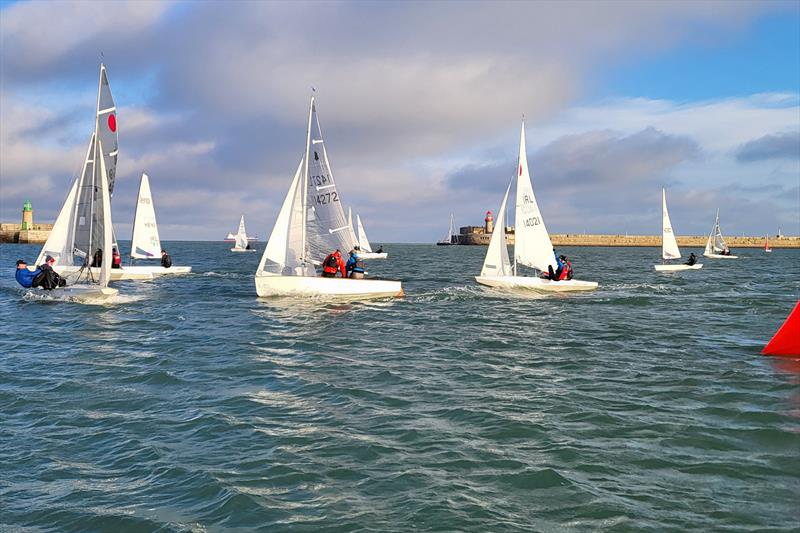 Sean Craig and Stephen Boyle's GP14 mixes it wit the Fireballs at the first mark - Viking Marine Dun Laoghaire Frostbites week 1 photo copyright Ian Cutliffe taken at Dun Laoghaire Motor Yacht Club and featuring the Dinghy class