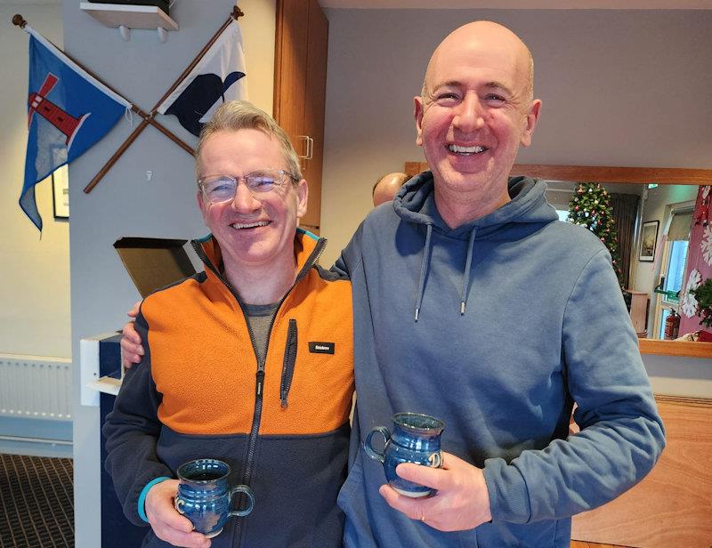 Jude O'Reilly (L) and Pat McGoldrick with their mugs - Viking Marine Dun Laoghaire Frostbites week 1 photo copyright Frank Miller taken at Dun Laoghaire Motor Yacht Club and featuring the Dinghy class