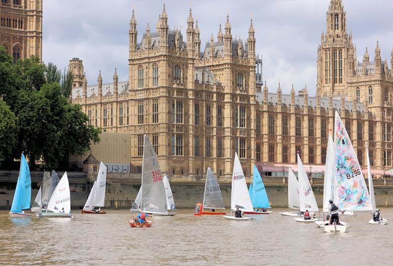 Tideway Dinghy Derby - Enterprises, Solos ILCAs, a Merlin, XOs and a GP14 at the Houses of Parliament rounding mark - photo © Mark Jardine
