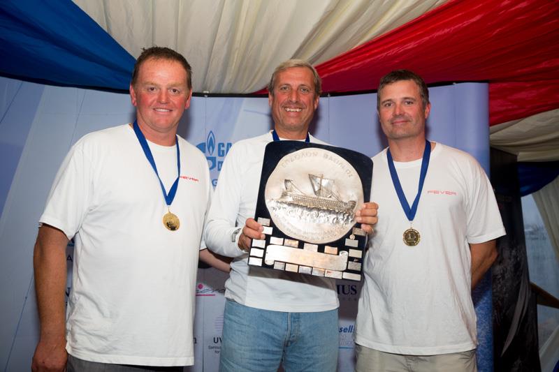 (l to r) Andy Beadsworth, Klaus Diederichs & Jamie Lea, Gazprom International Dragon World Champions 2013 photo copyright IDA / Michael Austi taken at Weymouth & Portland National Sailing Academy and featuring the Dragon class