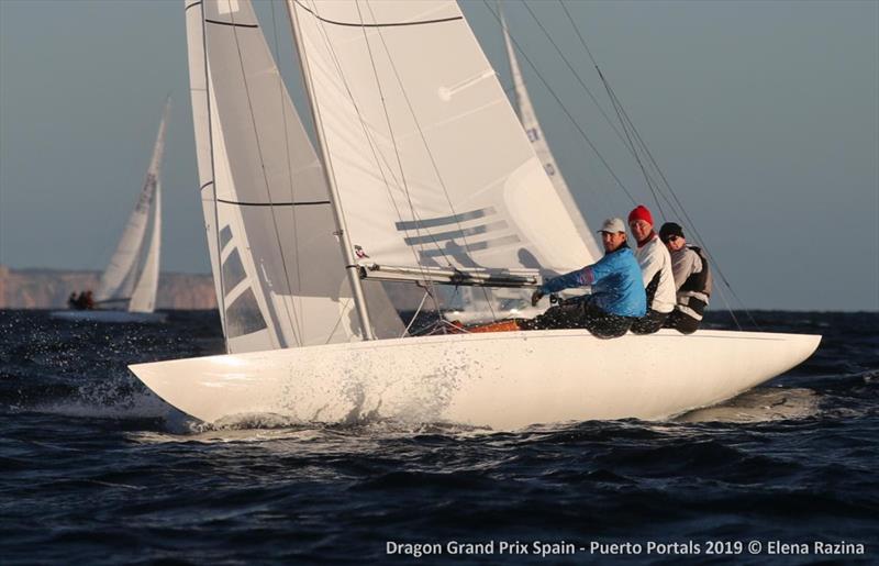 Pieter Heerema at the helm of Troika crewed by George Leonchuk and Lars Hendriksen - 2019 Dragon Grand Prix Spain - Day 2 photo copyright Elena Razina taken at  and featuring the Dragon class