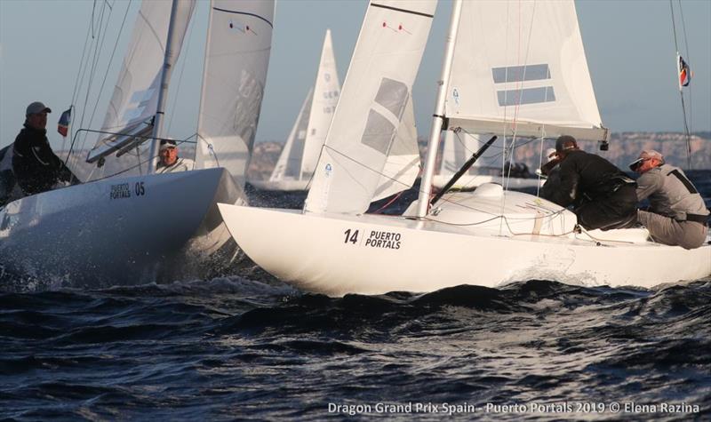 Switzerland's Wolf Waschkhun tacks in just ahead of Britain's Klaus Diederichs in race 4 - 2019 Dragon Grand Prix Spain - Day 2 photo copyright Elena Razina taken at  and featuring the Dragon class