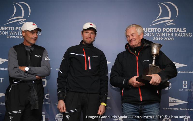 Jesper Bendix, Mads Hansen and Karl-Gustav Lohr with the Dragon Grand Prix Series Lowell Phyllis Trophy for the winning Corinthian team - photo © Elena Razina