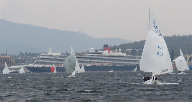 Cruise liner Queen Elizabeth provided a striking background to the Prince Philip Cup in Hobart photo copyright Leigh Edwards taken at Royal Yacht Club of Tasmania and featuring the Dragon class