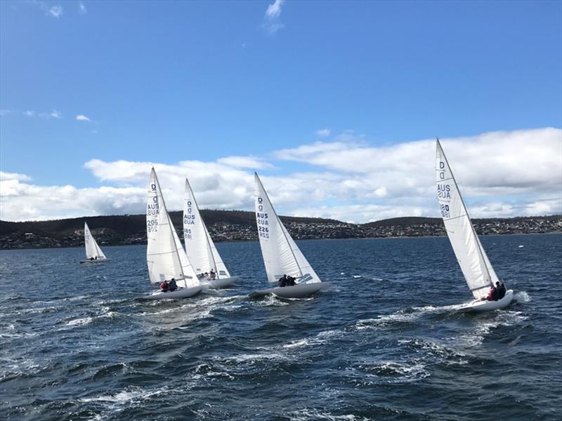 The Dragon fleet on the wind in the State championships photo copyright Kristine Logan taken at Royal Yacht Club of Tasmania and featuring the Dragon class