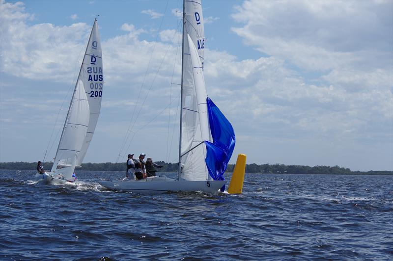 Gordon ahead of Riga rounding the windward gate on day one of the 2024 International Dragon Class Prince Philip Cup photo copyright Jeanette Severs taken at Metung Yacht Club and featuring the Dragon class