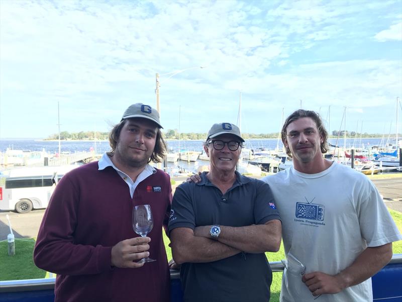 Winners of heat one and two, Richard Lynn (helm), Ethan Prieto-Low and Adam Brenz-Verca, sailing Gordon photo copyright Jeanette Severs taken at Metung Yacht Club and featuring the Dragon class