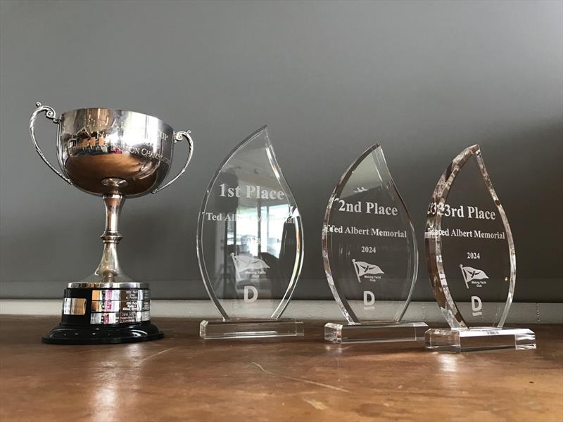 The trophies, including the perpetual trophy, for the Ted Albert memorial race series, held as an invitational race immediately prior to the Prince Philip Cup photo copyright Jeanette Severs taken at Metung Yacht Club and featuring the Dragon class