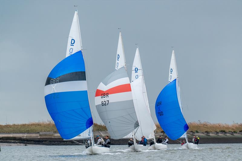 International Dragons forming an orderly line on Day 5 of Burnham Week 2025 photo copyright Petru Balau Sports Photography / sports.hub47.com taken at Royal Corinthian Yacht Club and featuring the Dragon class