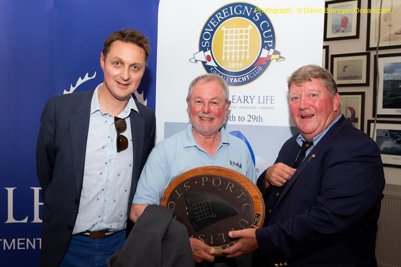 Ronan Goggin, Managing Director of O'Leary Life (l) & David O'Sullivan, Commodore of Kinsale YC with Slack Alice skipper Shane Statham, winner of the Portcullis Trophy for best boat under ECHO at the O'Leary Life Sovereign's Cup photo copyright David Branigan / Oceansport taken at Kinsale Yacht Club and featuring the ECHO class