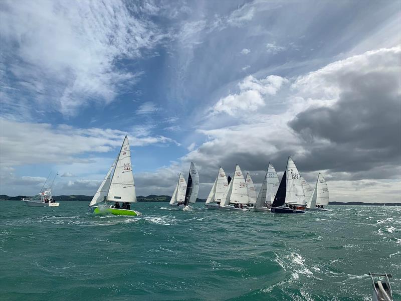 Jostling for the start in blustery conditions - Elliott 5-9 Nationals - May 2022 photo copyright Russell Boating Club taken at  and featuring the Elliott 5.9 class