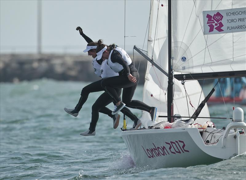 Tamara Echegoyen Dominguez, Sofia Toro Prieto Puga and Angela Pumariega Menendez (ESP) win gold in the Women's Match Racing at London 2012 photo copyright onEdition taken at Weymouth & Portland Sailing Academy and featuring the Elliott 6m class