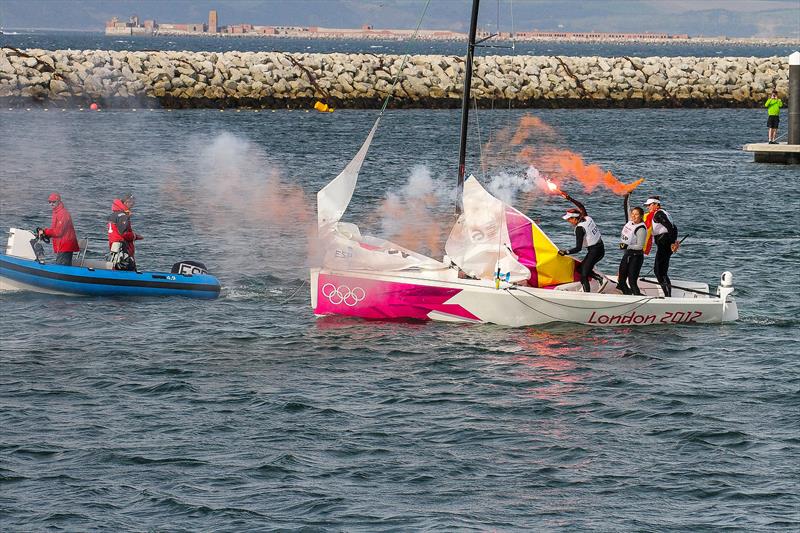 Success or distress? The Spanish Womens Matchracing team return to Weymouth Olympic Centre after winning the Gold Medal in the 2012 Sailing Olympics - three months later the Event was dropped after just one Olympic cycle.  - photo © Richard Gladwell