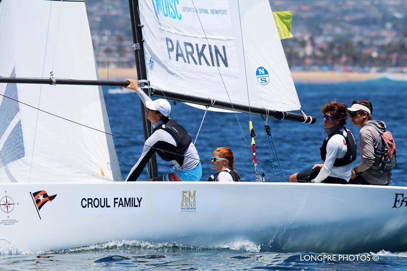 “Jack Parkin (USA, Riverside YC) and his team of Bram Brakman, Victoria Thompson, and Wiley Rogers had a stellar day, 4 wins and 1 loss, to advance to second on the leaderboard.” photo copyright Longpre Photos taken at Balboa Yacht Club and featuring the Elliott 6m class